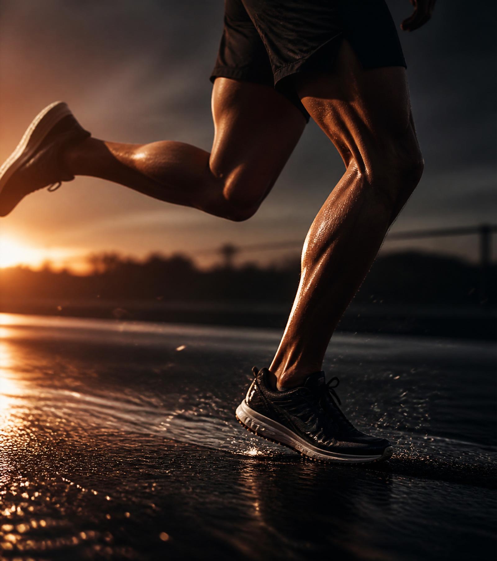 Runner mid-stride on wet asphalt at dawn
