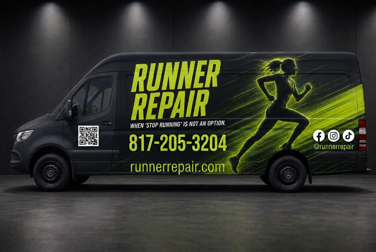 Runner Repair Shop mobile PT Sprinter van with dark and electric-lime decal